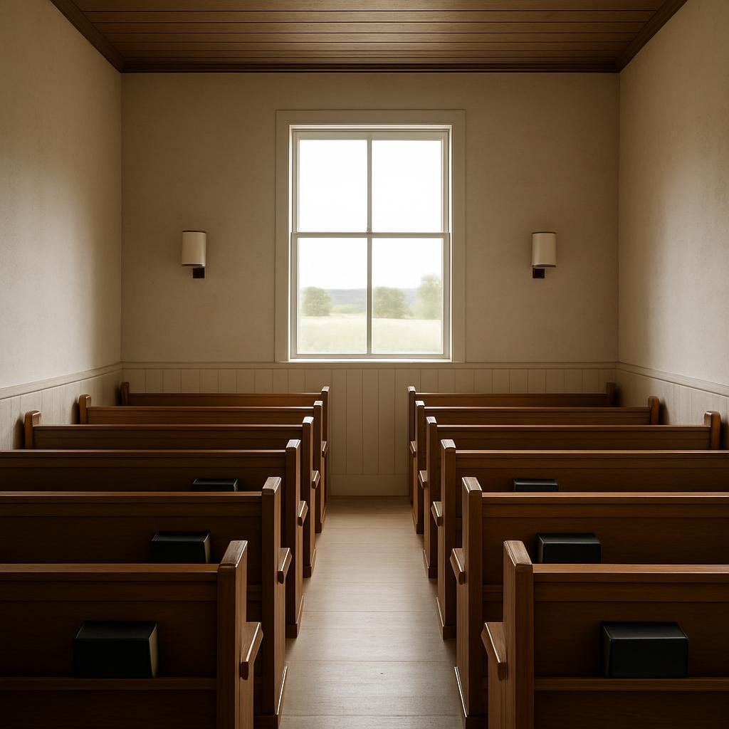 A dimly lit room with pews and a window in the middle of the wall.