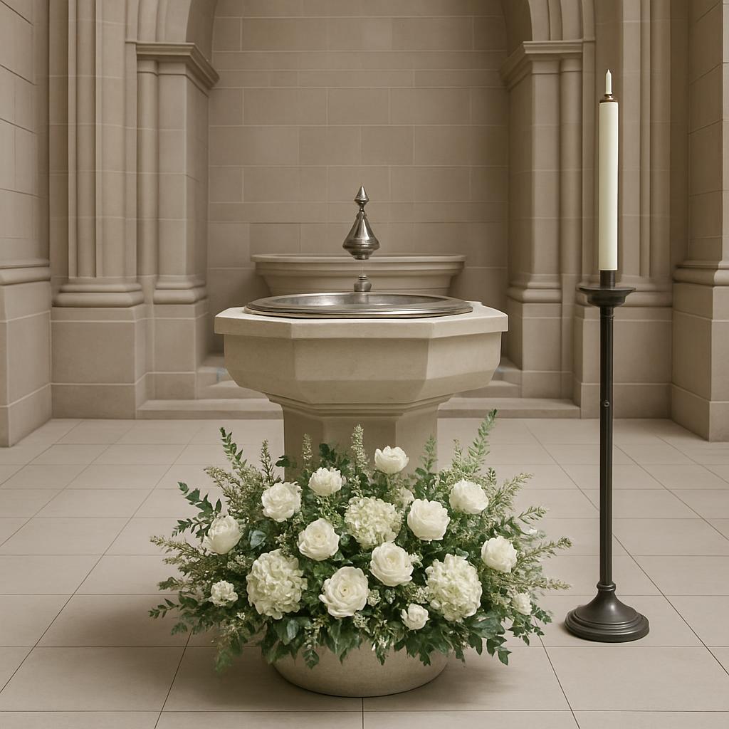 An ivory-colored baptismal font in a church with a delicate floral arrangement and a stained glass window emerged in the b...