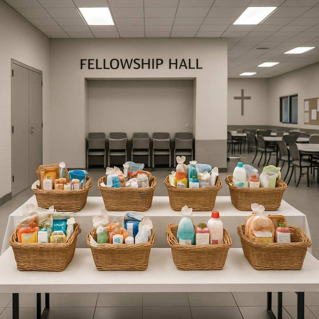 Basket display of baby supplies on a white tablecloth, in a room labeled "Fellowship Hall" with chairs and another room in...