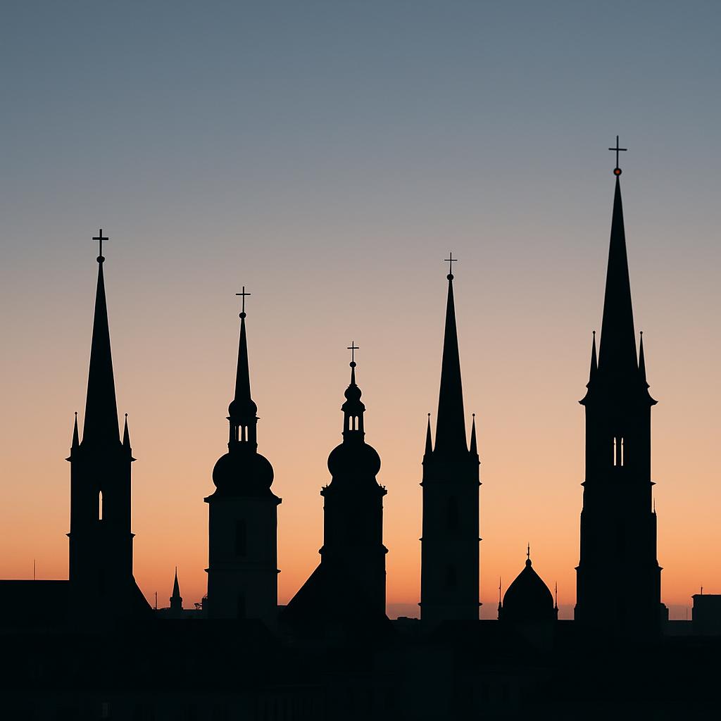 Multiple black silhouettes of various churches with spires and crosses set against a sunset backdrop. Most dominant tones ...