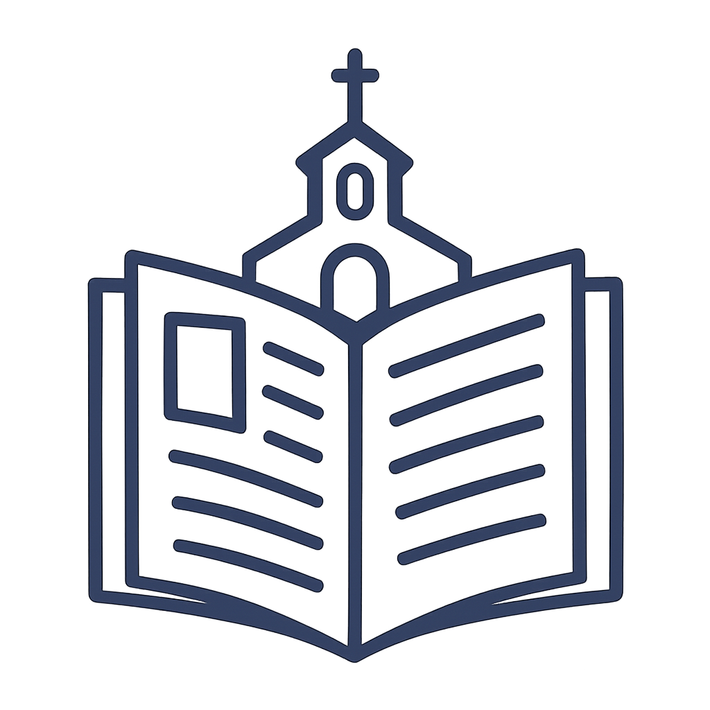 A simple icon of an open book with a church at the top. The image is in dark blue on a black background.